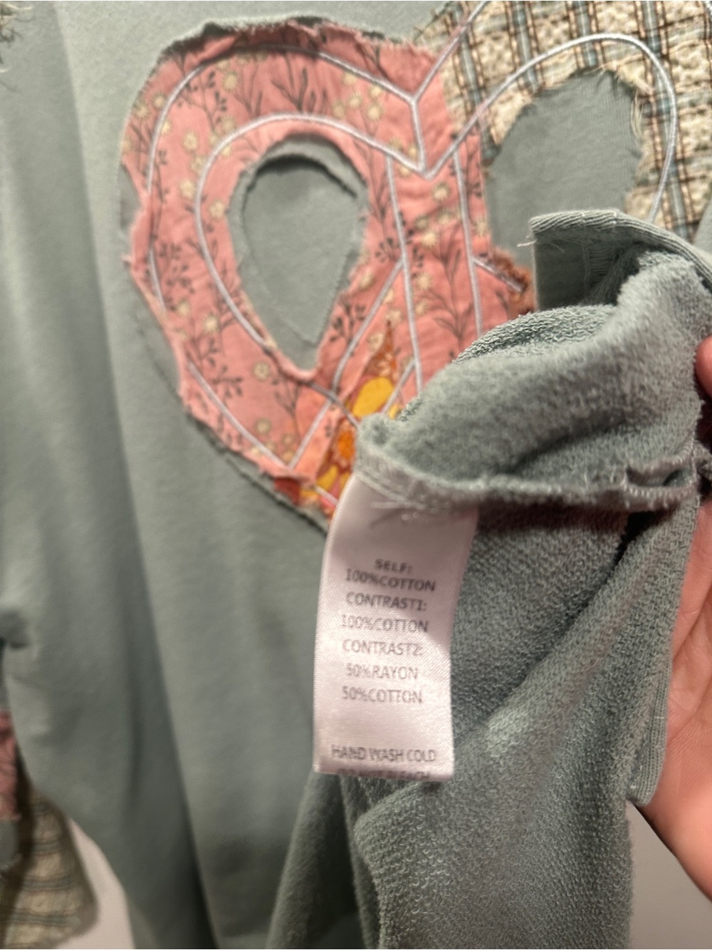 easel Sage Green Patchwork Heart Pullover with Pink Accents - Large (oversized) - Picture 8 of 9